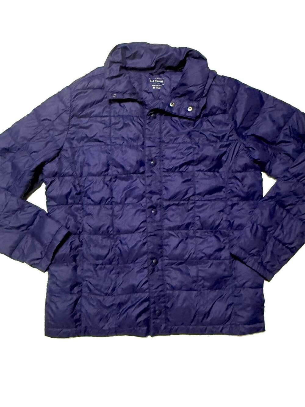 L.L.Bean Women's Medium Regular Navy Blue Quilted Puffer Jacket Snap Front Stand